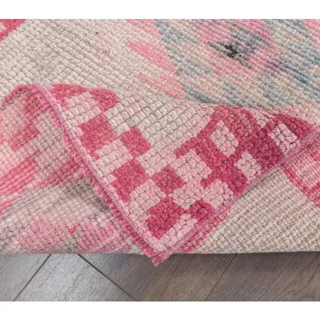 Pink Vintage Turkish Hand-Knotted Tribal Runner 74x391