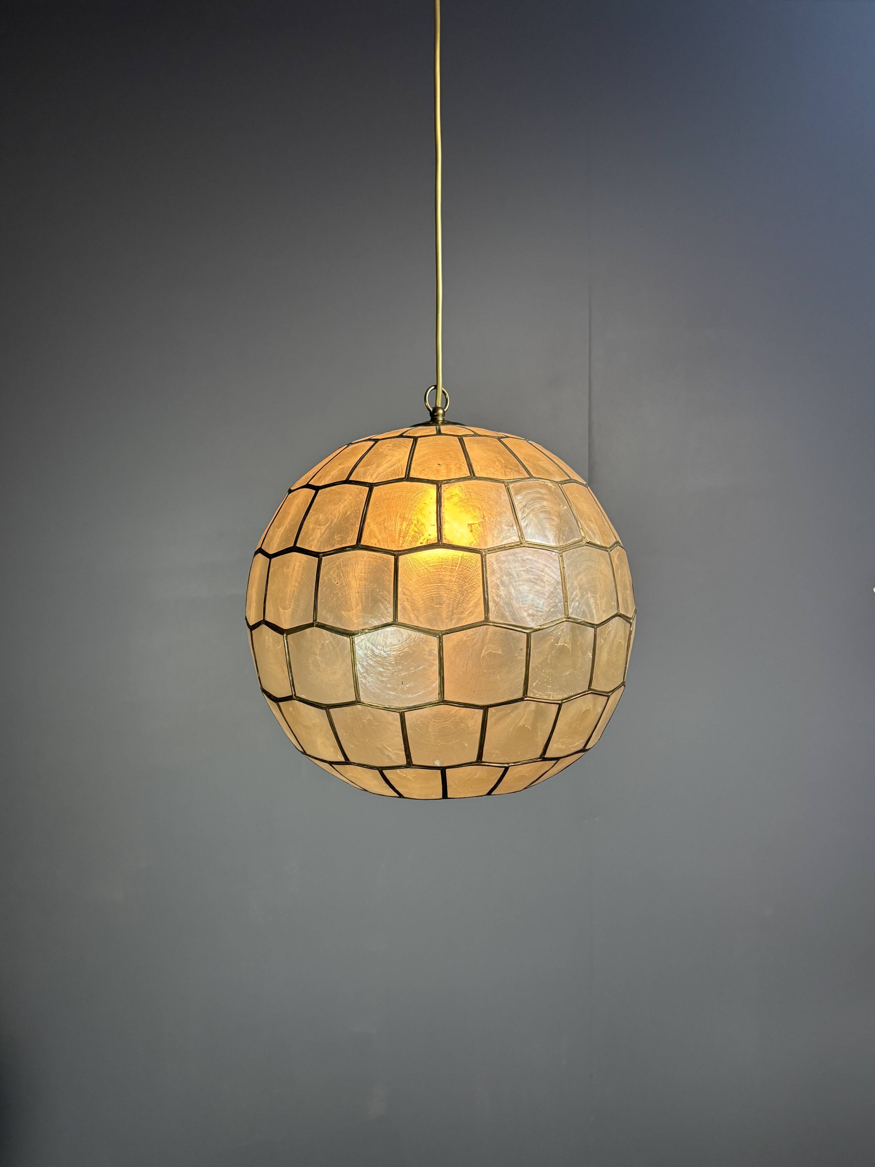 Midcentury mother of pearl Capiz shell & brass sphere large pendant, 1960s