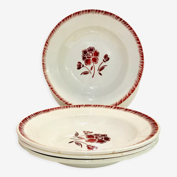 4 assiettes creuses en faïence motif floral bordeaux