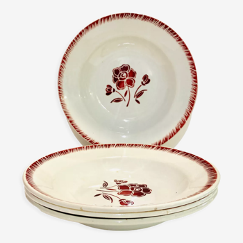 4 hollow earthenware plates floral motif burgundy