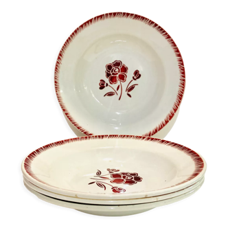 4 hollow earthenware plates floral motif burgundy