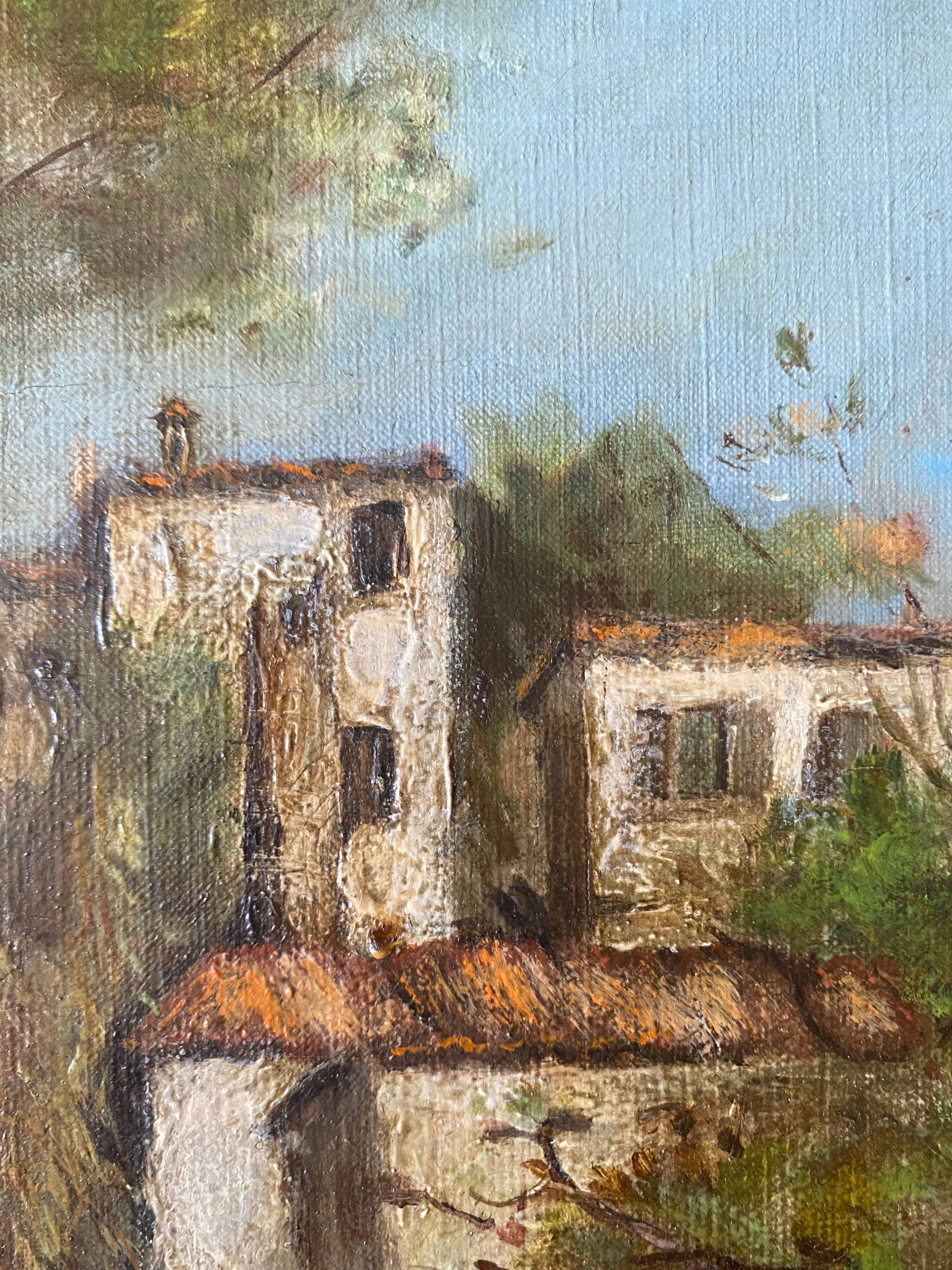 Painting Provencal school "Animated landscape" signed Jane Colat XIX ° century + frame