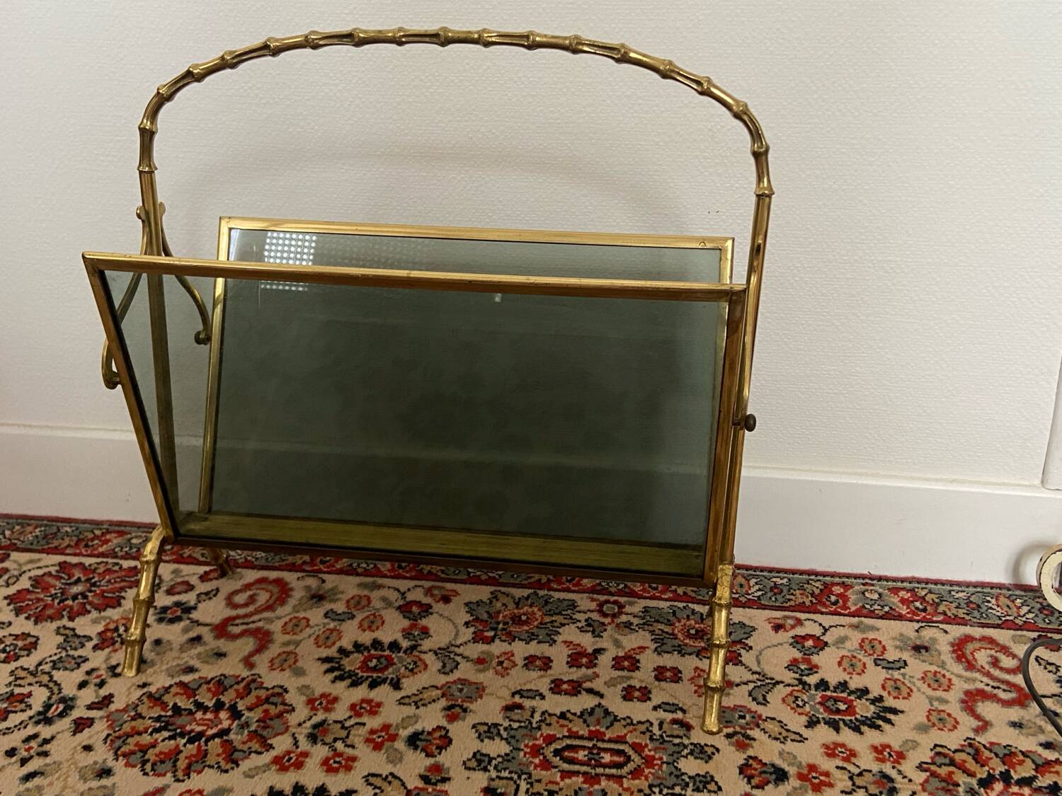 Maison Baguès Style Brass and Faux Bamboo Glass Magazine Rack, 1960s