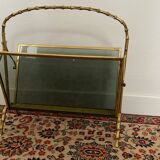 Maison Baguès Style Brass and Faux Bamboo Glass Magazine Rack, 1960s