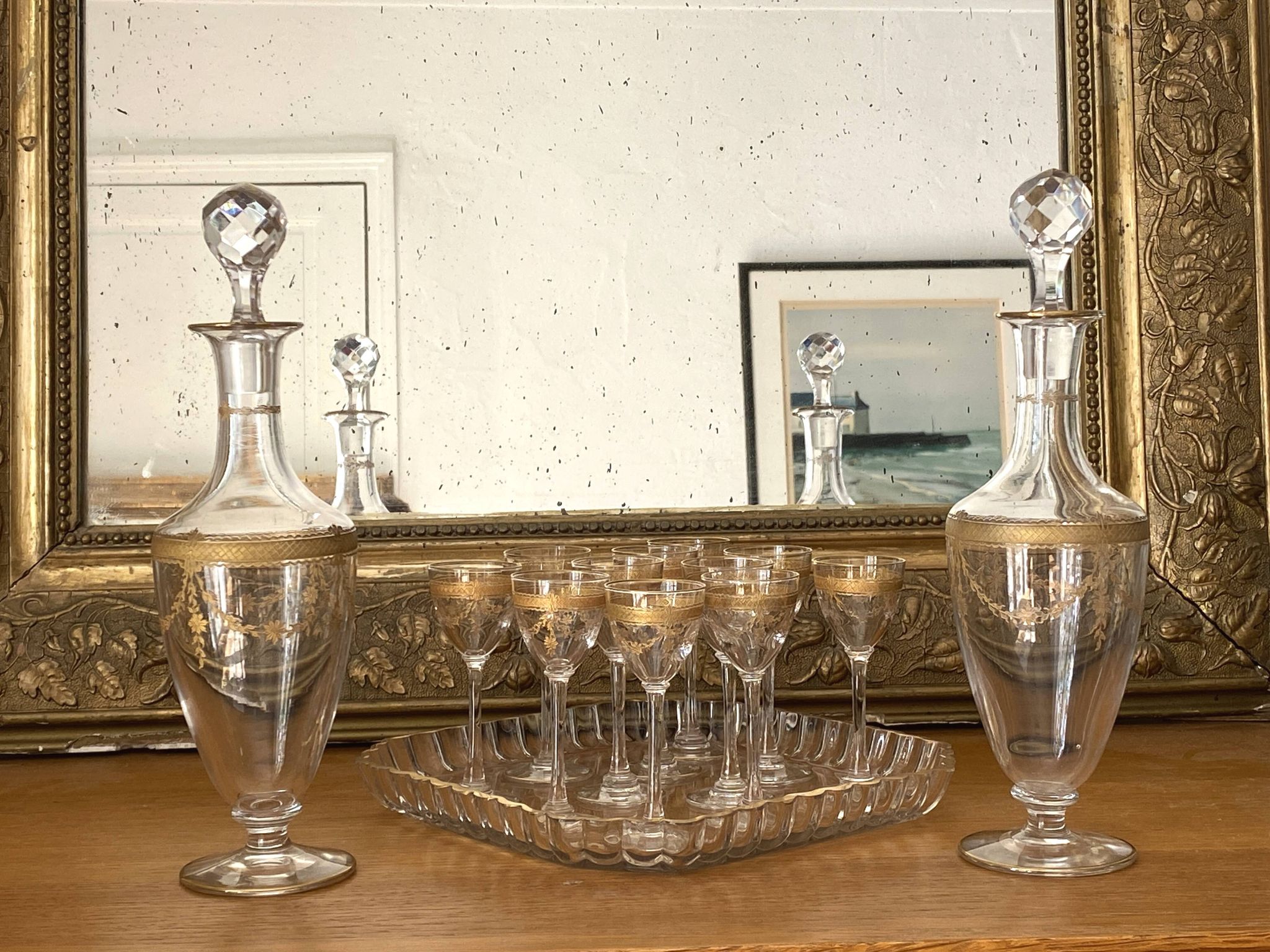 Saint Louis 14-piece liqueur set, fine 19th century gold-plated crystal