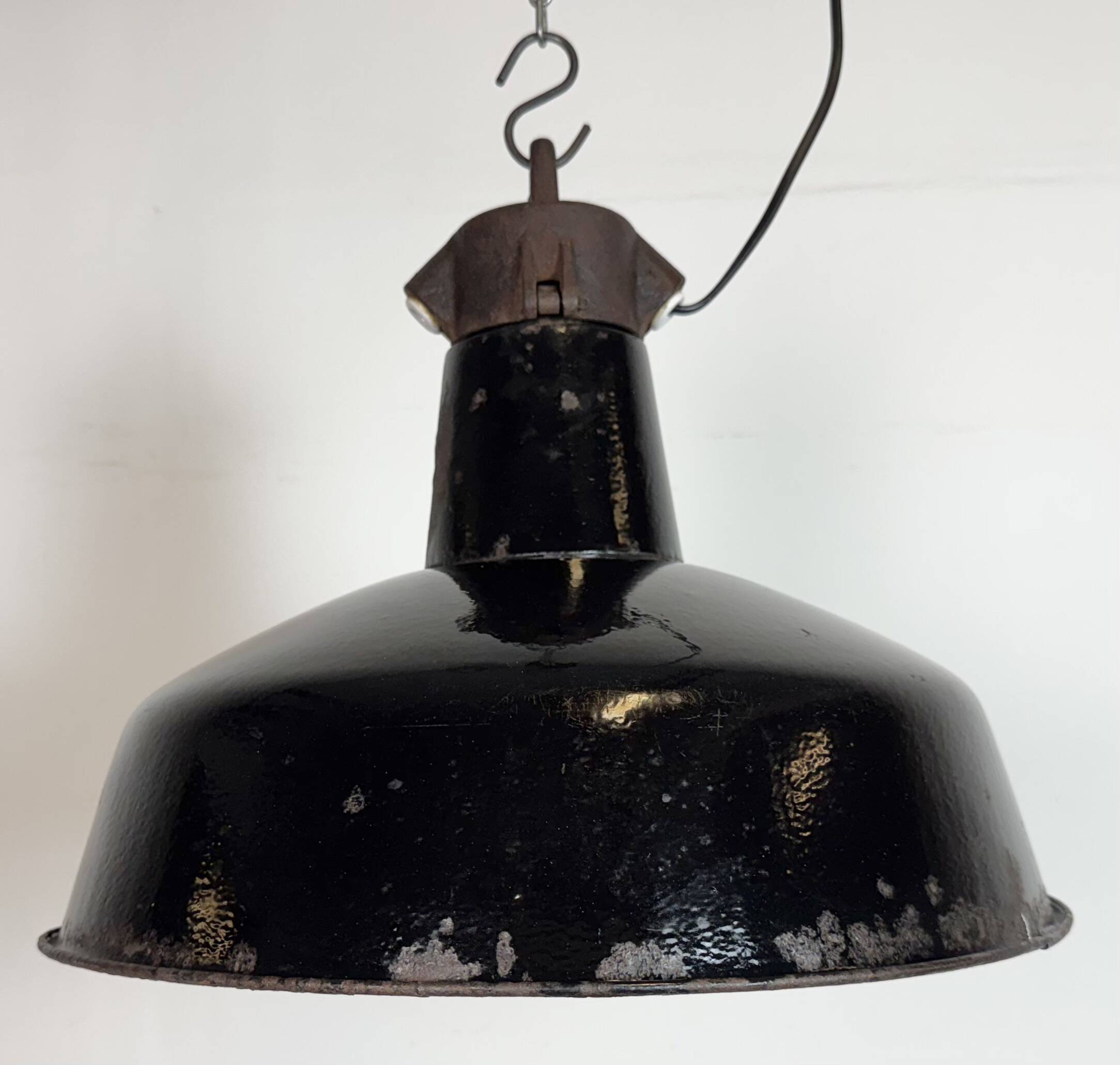 Industrial Black Enamel Factory Lamp with Cast Iron Top, 1950s