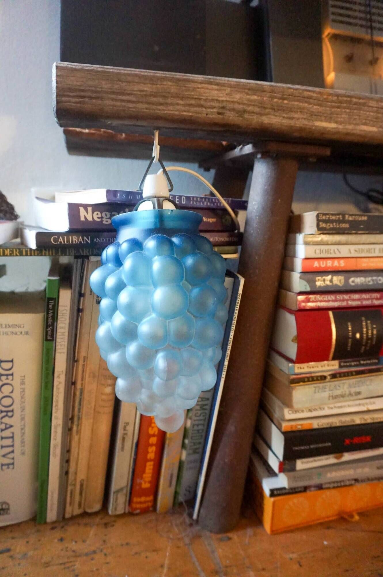 vintage blue glass grape pendant light * frosted ombre glass * mid-century