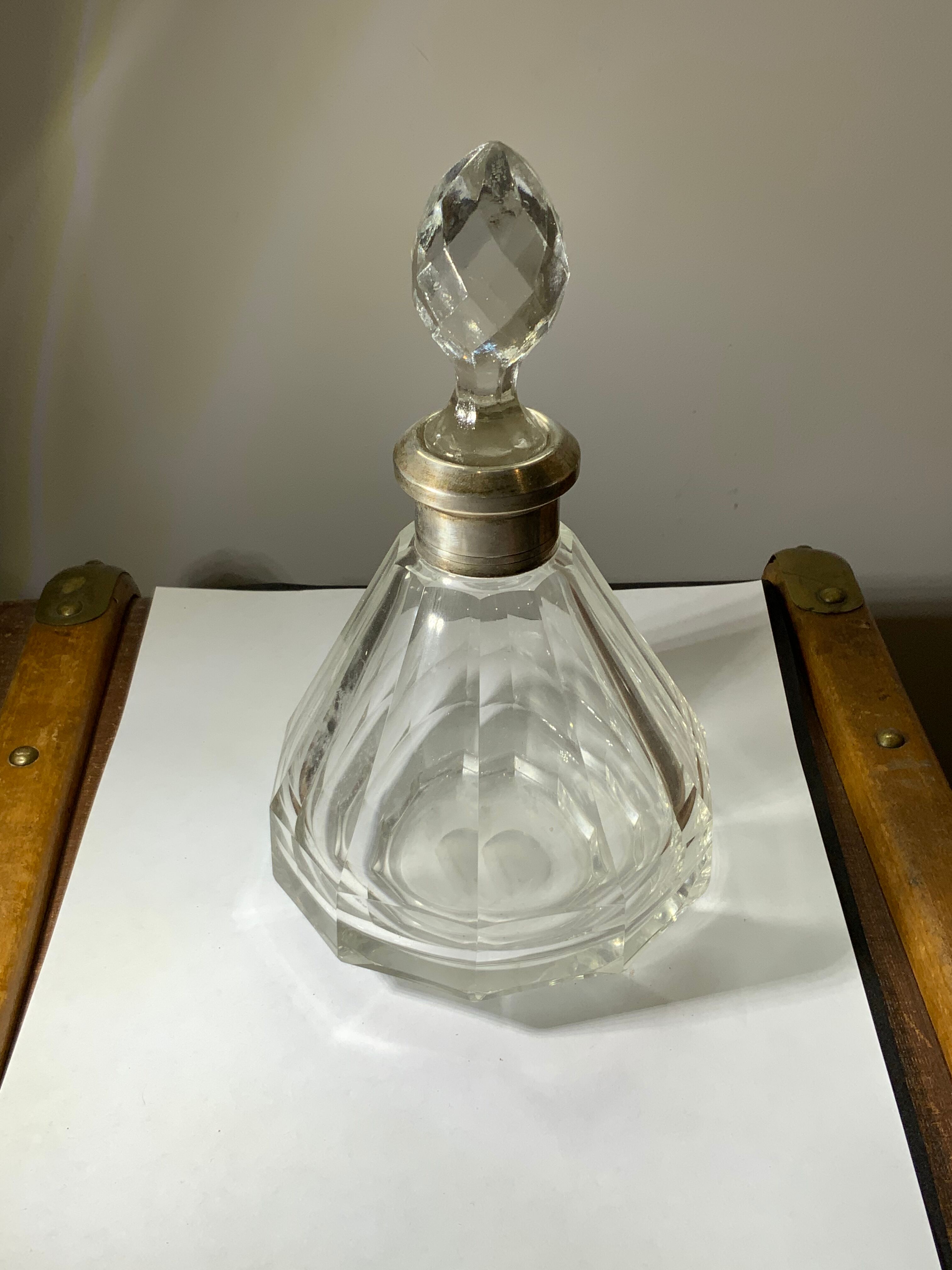 Antique crystal bottle with art deco hallmarked silver neck with facets