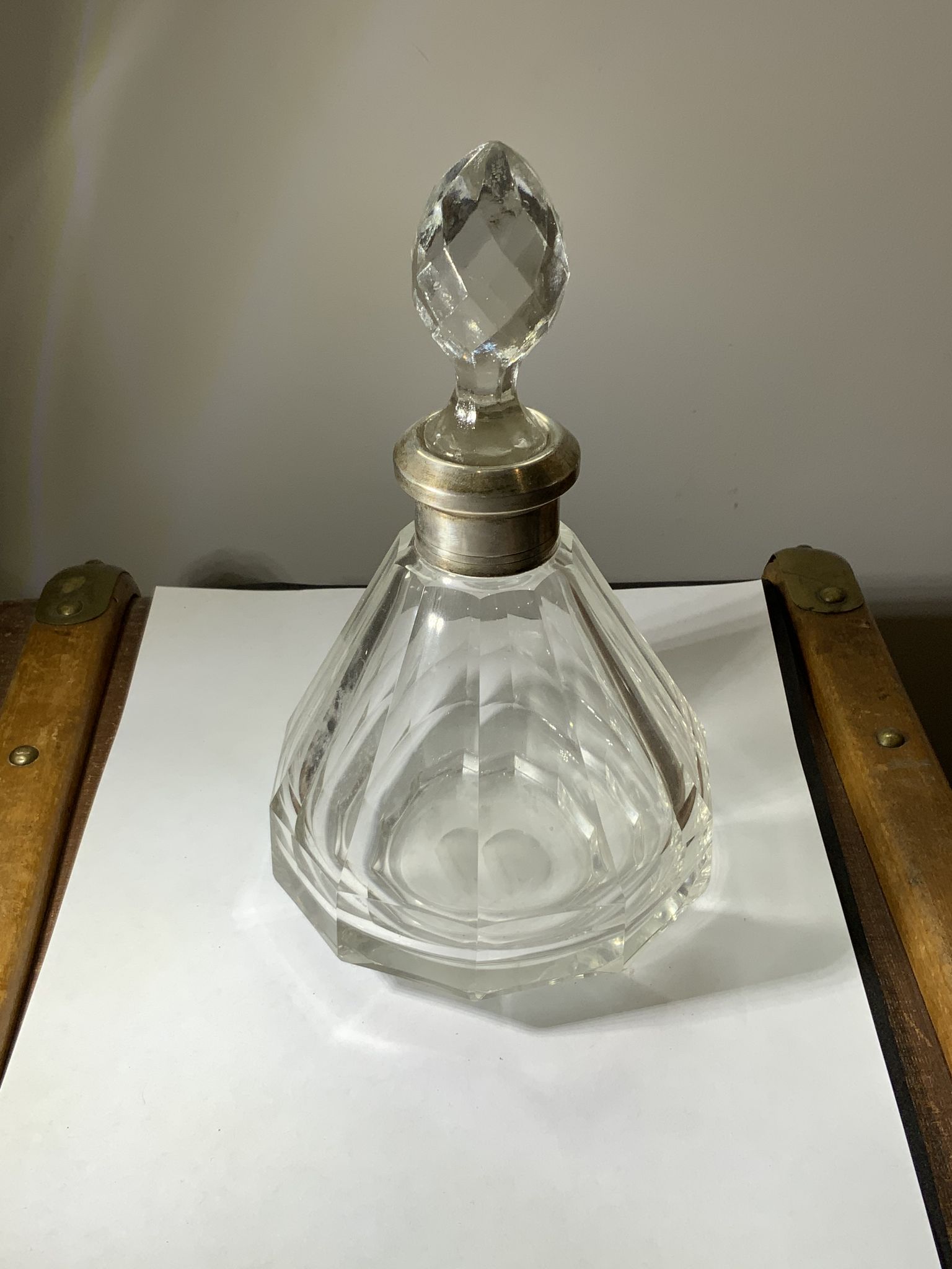 Antique crystal bottle with art deco hallmarked silver neck with facets