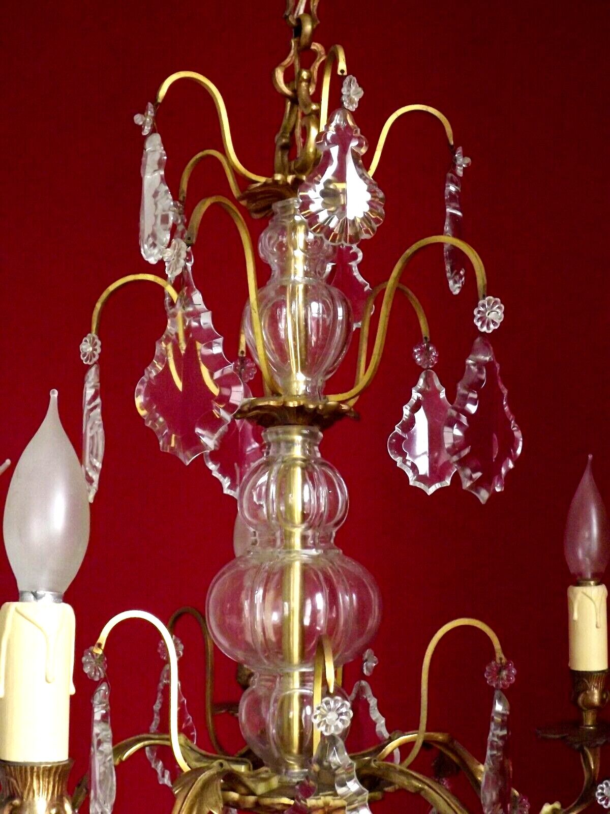 French antique 5 light brass crystal & glass acanthus leaf chandelier