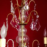 French antique 5 light brass crystal & glass acanthus leaf chandelier