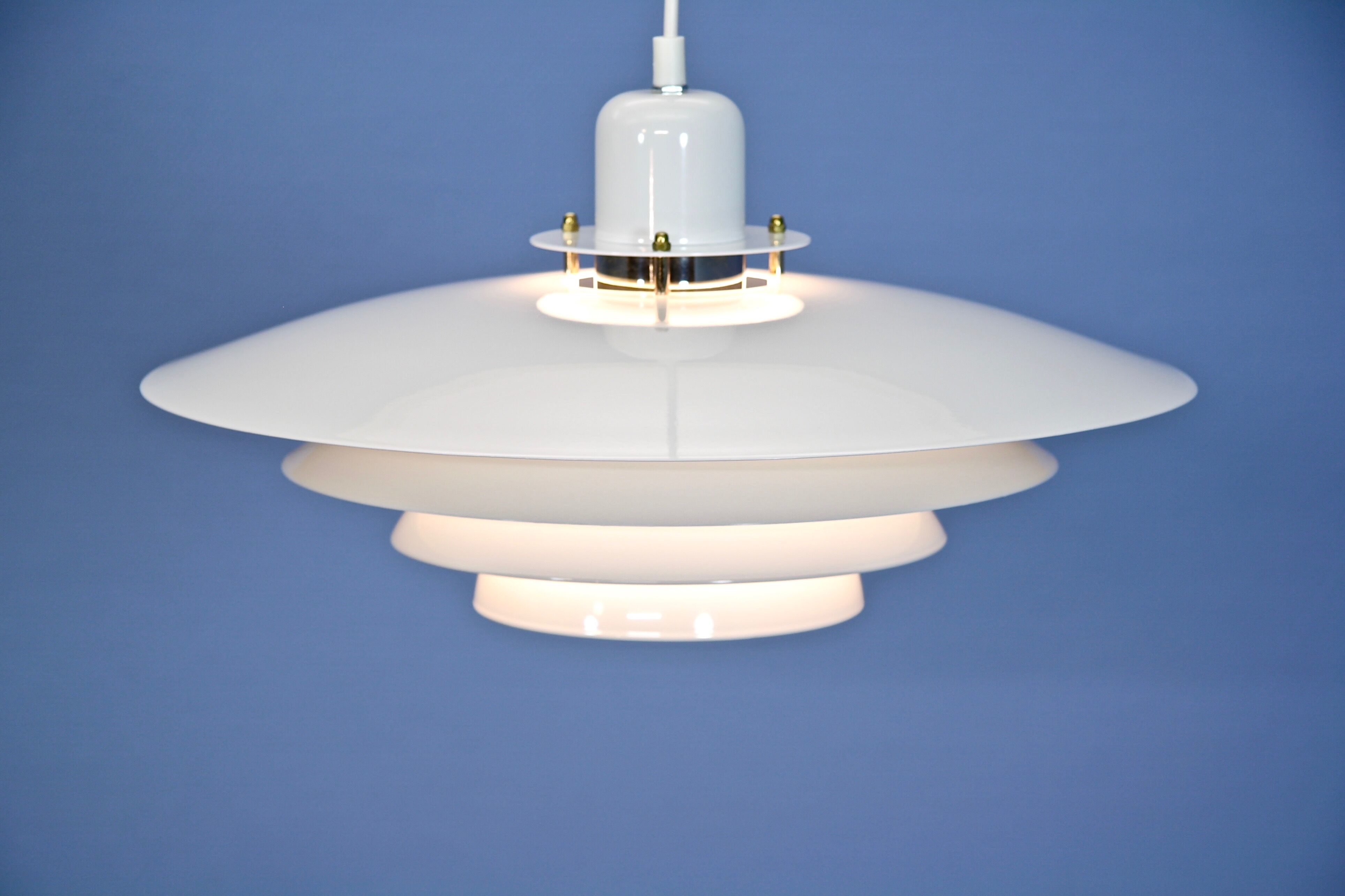 Danish hanging lamp in white with brass accent, 1980s
