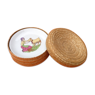 Coffret paille tressée suite de 6 assiettes à fromage  " l' hirondelle "  porcelaine de mehun-sur-yè