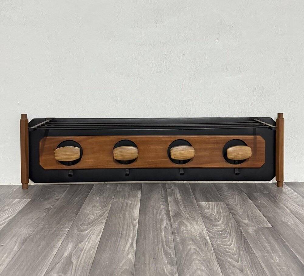 Mid-Century Scandinavian Teak and Leather Wall Coat Rack, 1960s