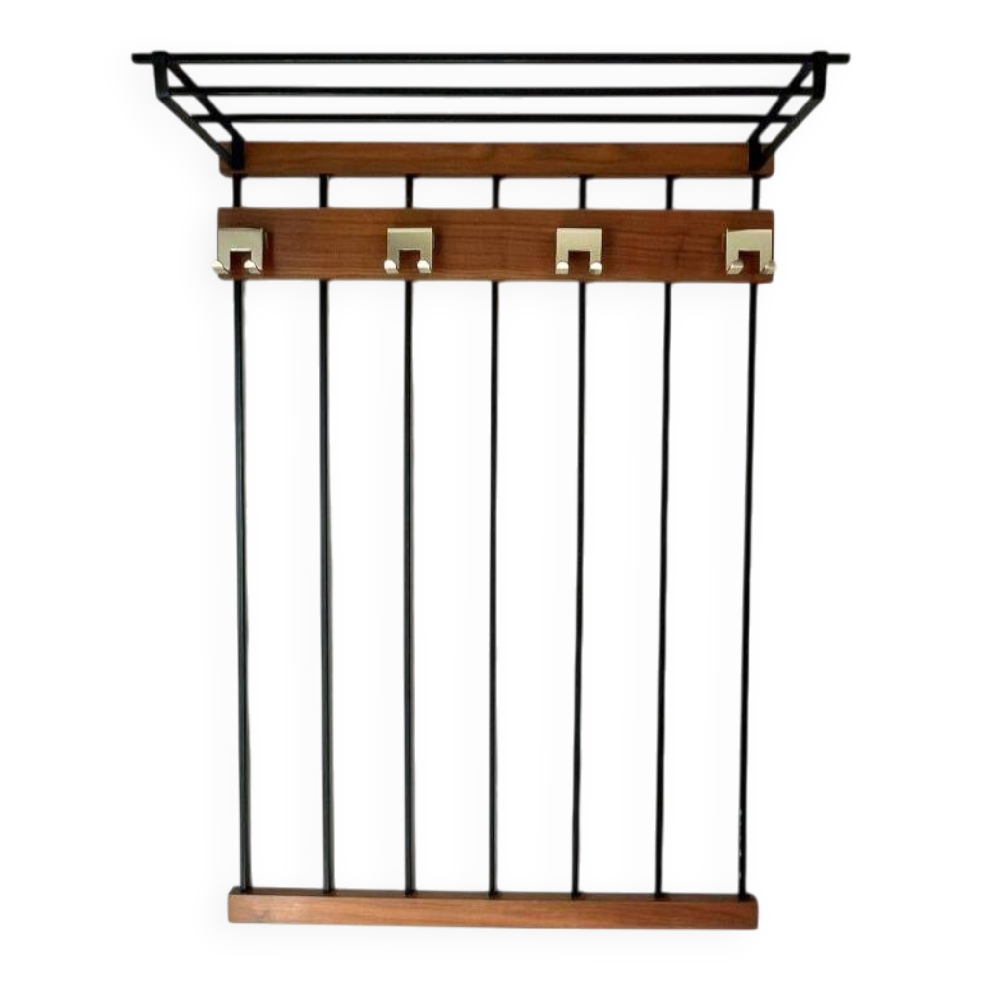 Wall-mounted coat rack in wood and black.