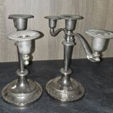 Pair of three-light candlesticks in silver-plated metal