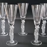 Set of 9 crystal flutes with Venus and Bacchus foot, Vannes and Bayel