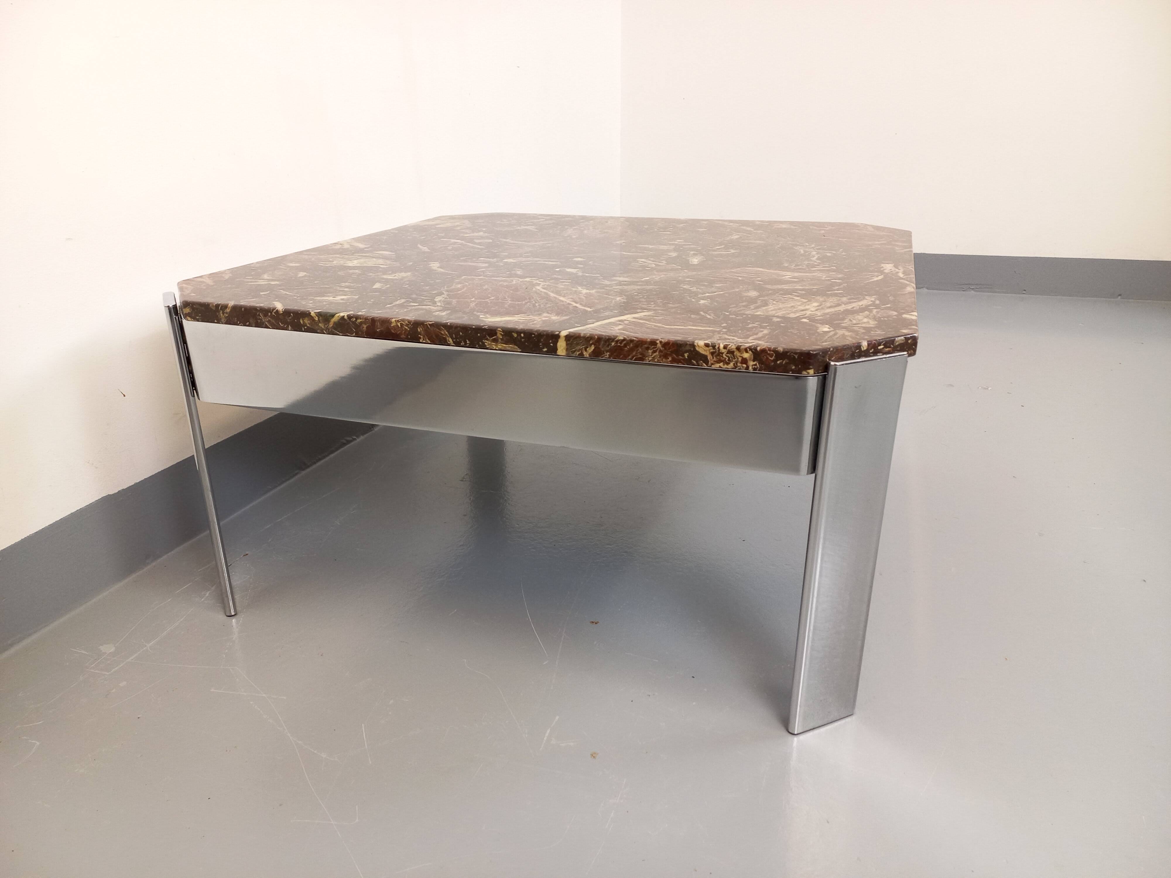 Vintage square coffee table in marble and chrome metal from the 70s