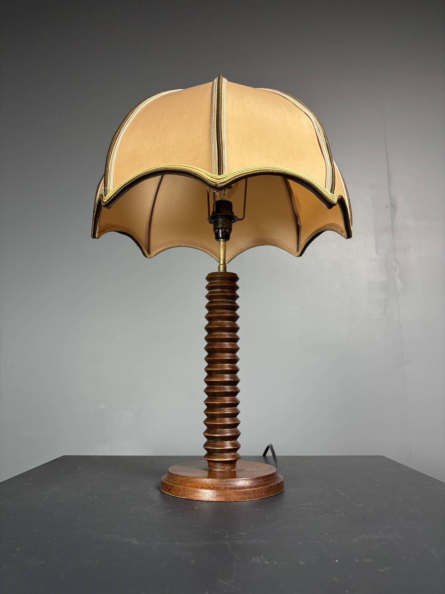 Midcentury brutalist wood turned mushroom table lamp, Charles Dudouyt style