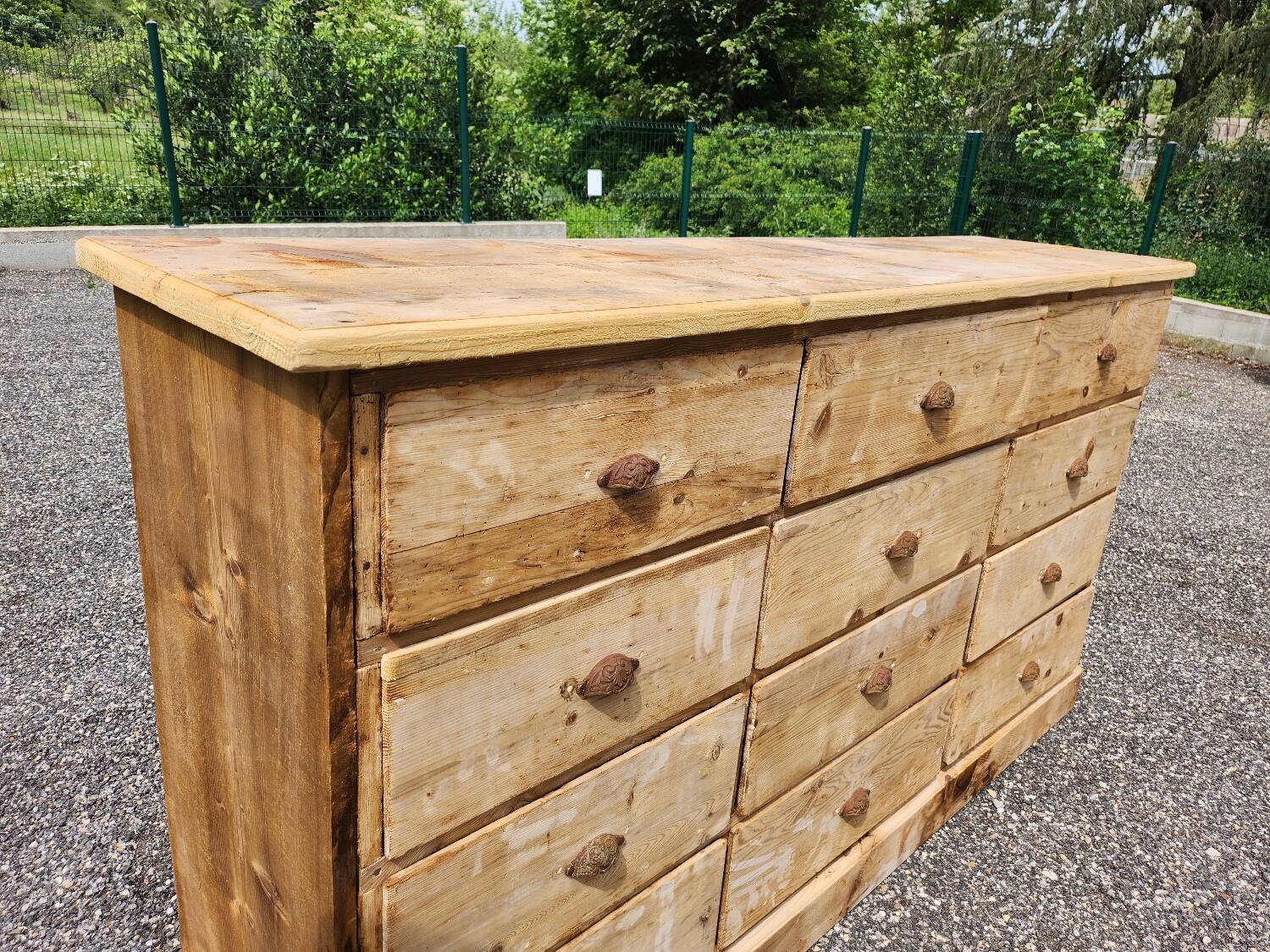 Antique fir wood workshop cabinet with drawers