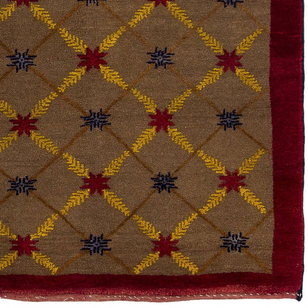 Vintage Hand-Knotted Turkish Karapinar Rug with Lattice Design in Brown, Red and Yellow, 100% Wool