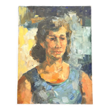Painting on canvas, woman portrait wearing a blue dress 1940
