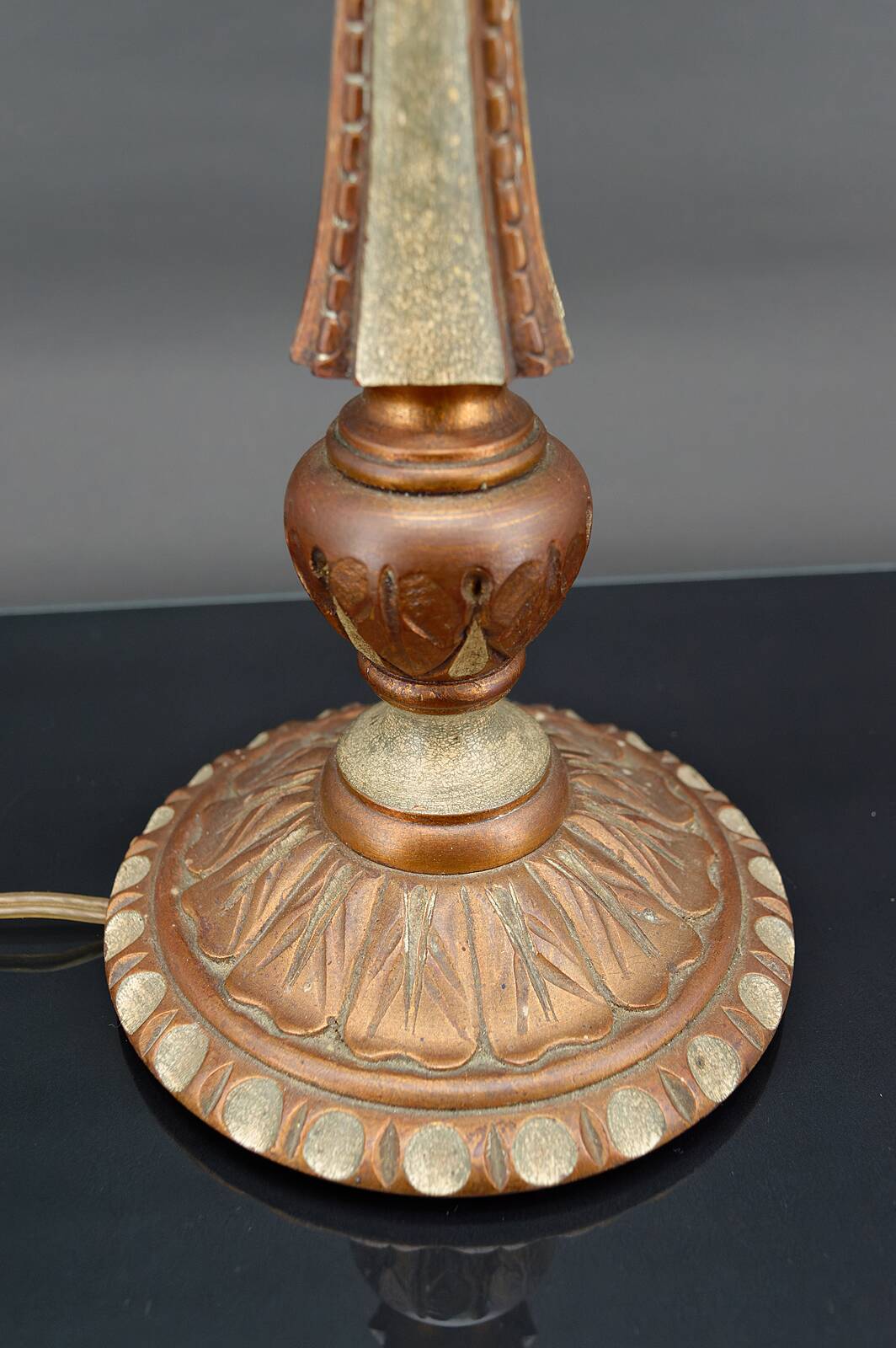 Art Deco lamp in green painted wood and copper patina, France, Circa 1920