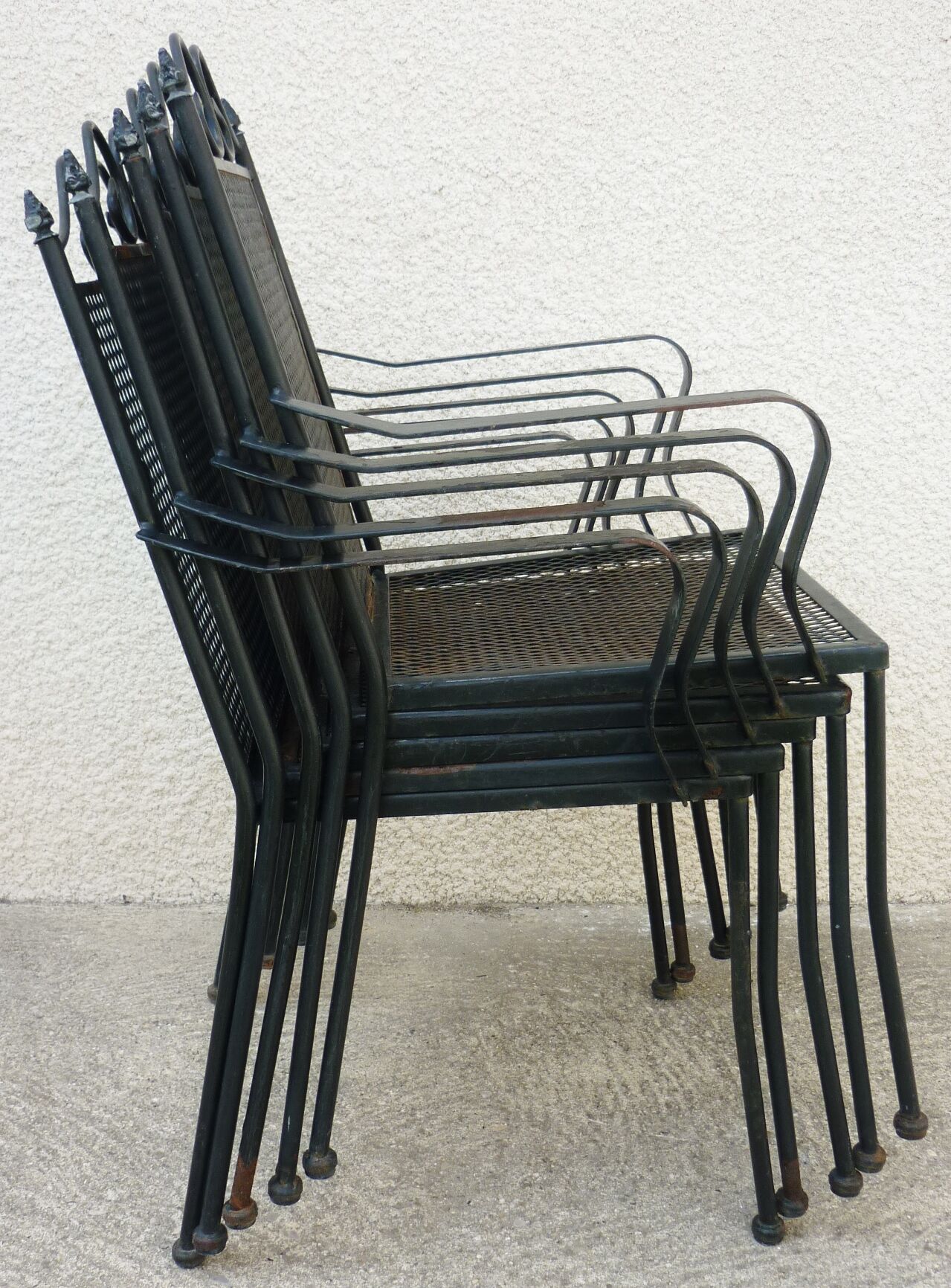Series of 5 armchairs, openwork metal garden chairs, 60s/70s, stackable