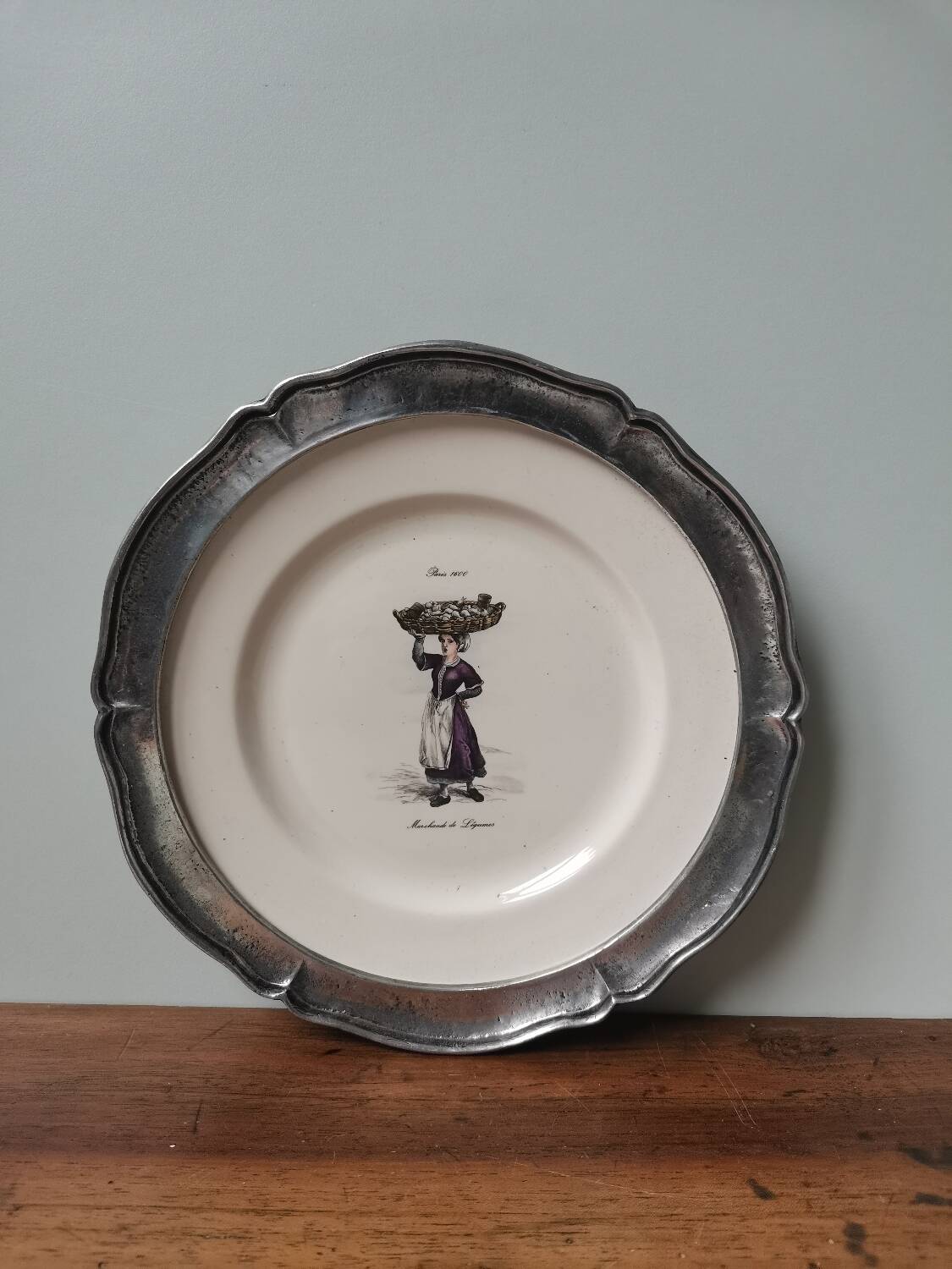 Vintage St Clément plate to hang with pewter frame stamped pewter of the fountain France