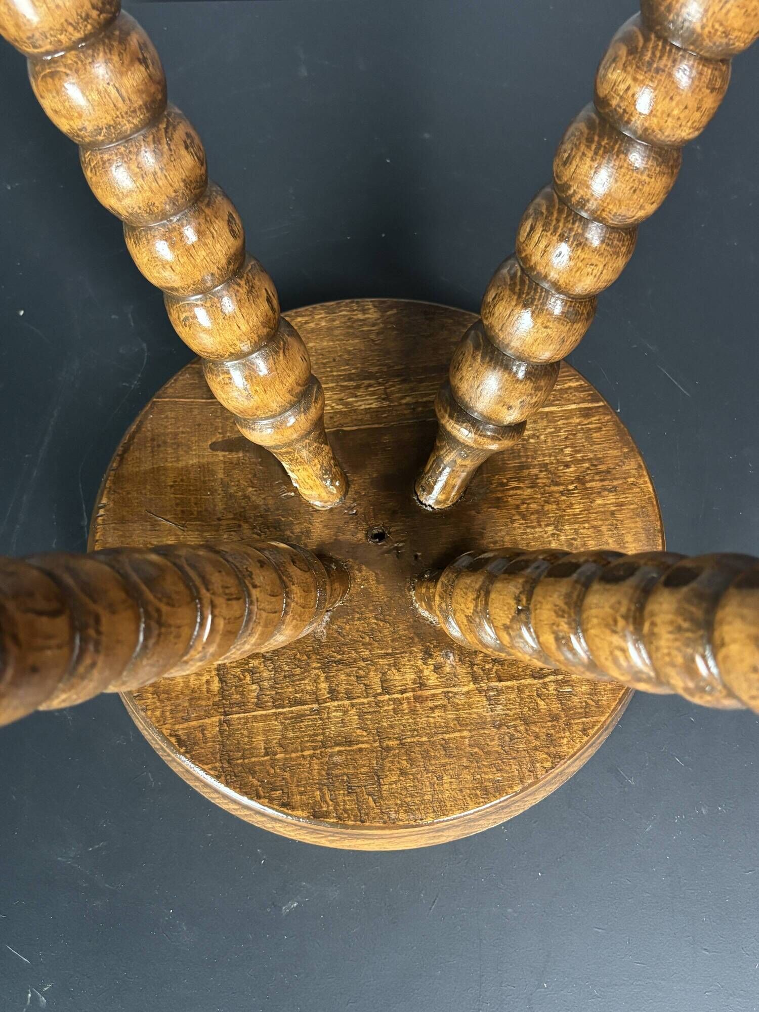 Midcentury bobbin wood turned farm house stool, France ca 1960s