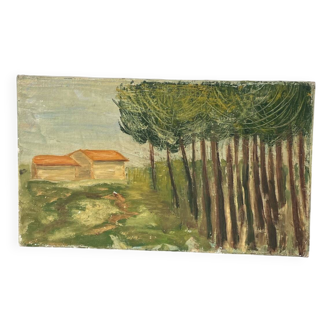 Old painting of a forest landscape in Les Landes