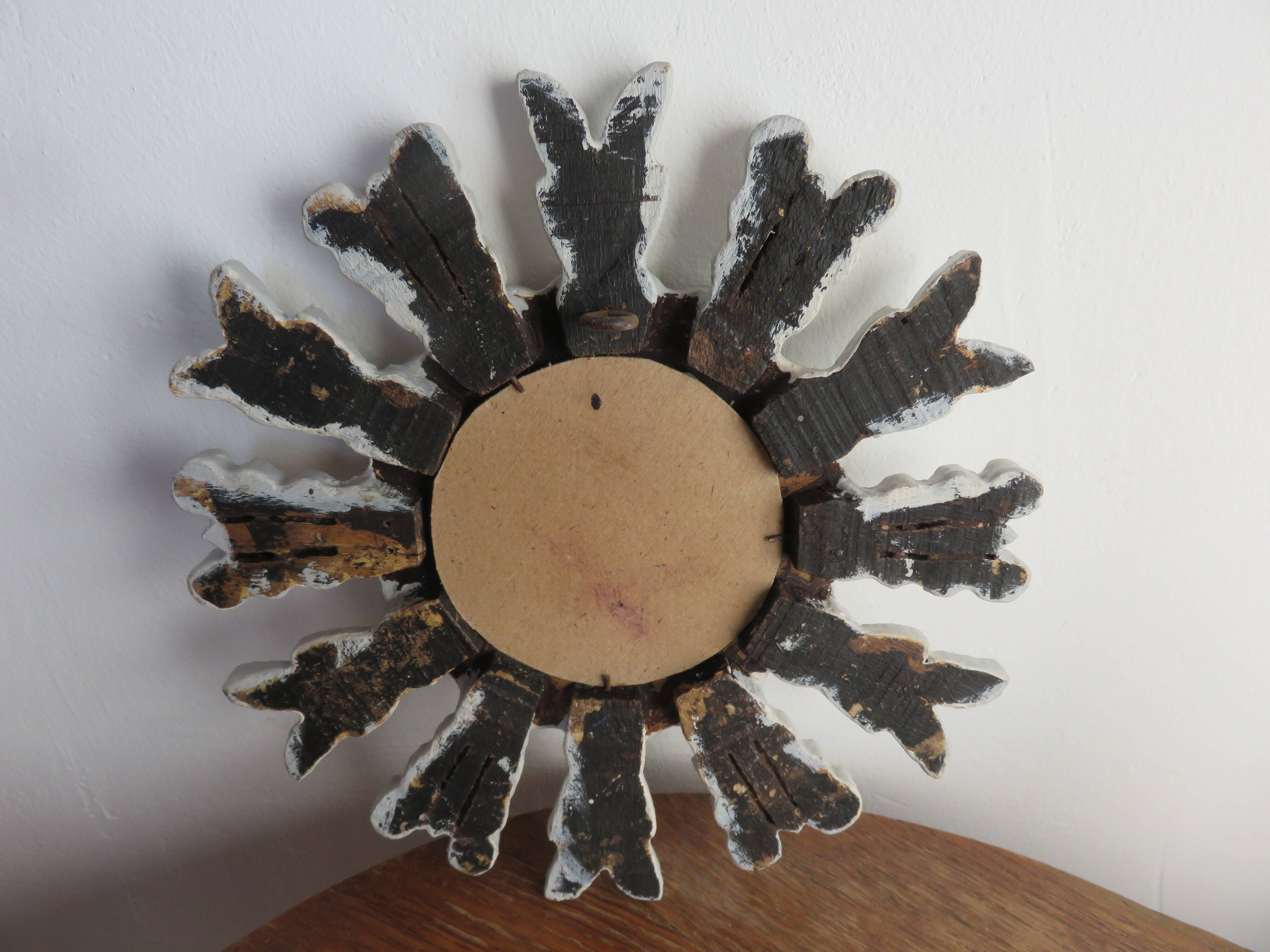 Miroir soleil en bois avec incrustations années 40 50