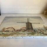 Painting winter landscape with a mill oil on canvas signed