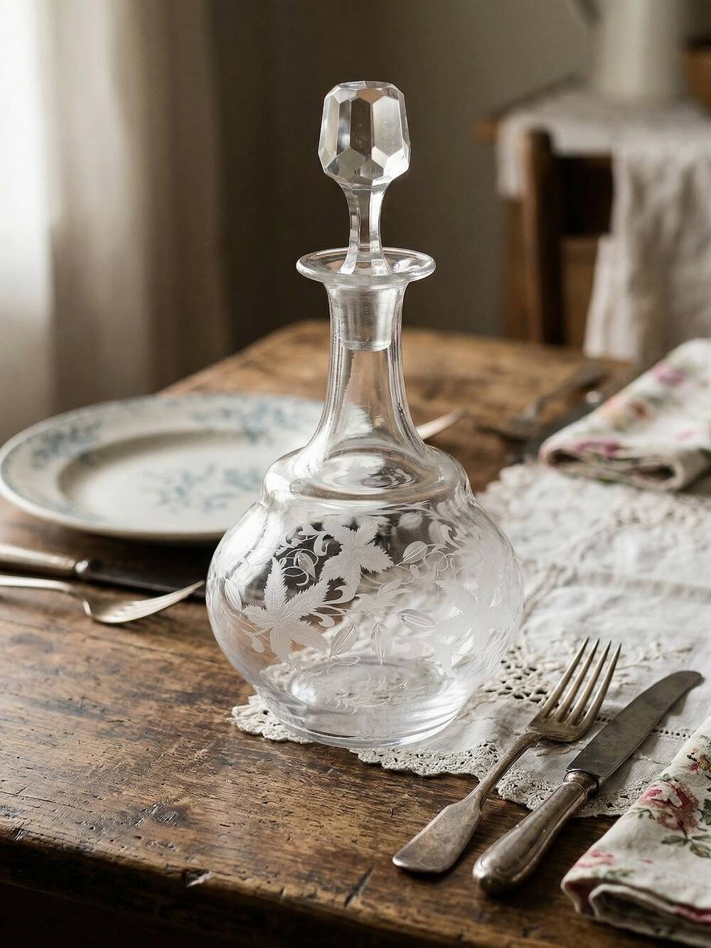 Antique engraved crystal carafe, floral decoration, Bohemia 19th-20th century.