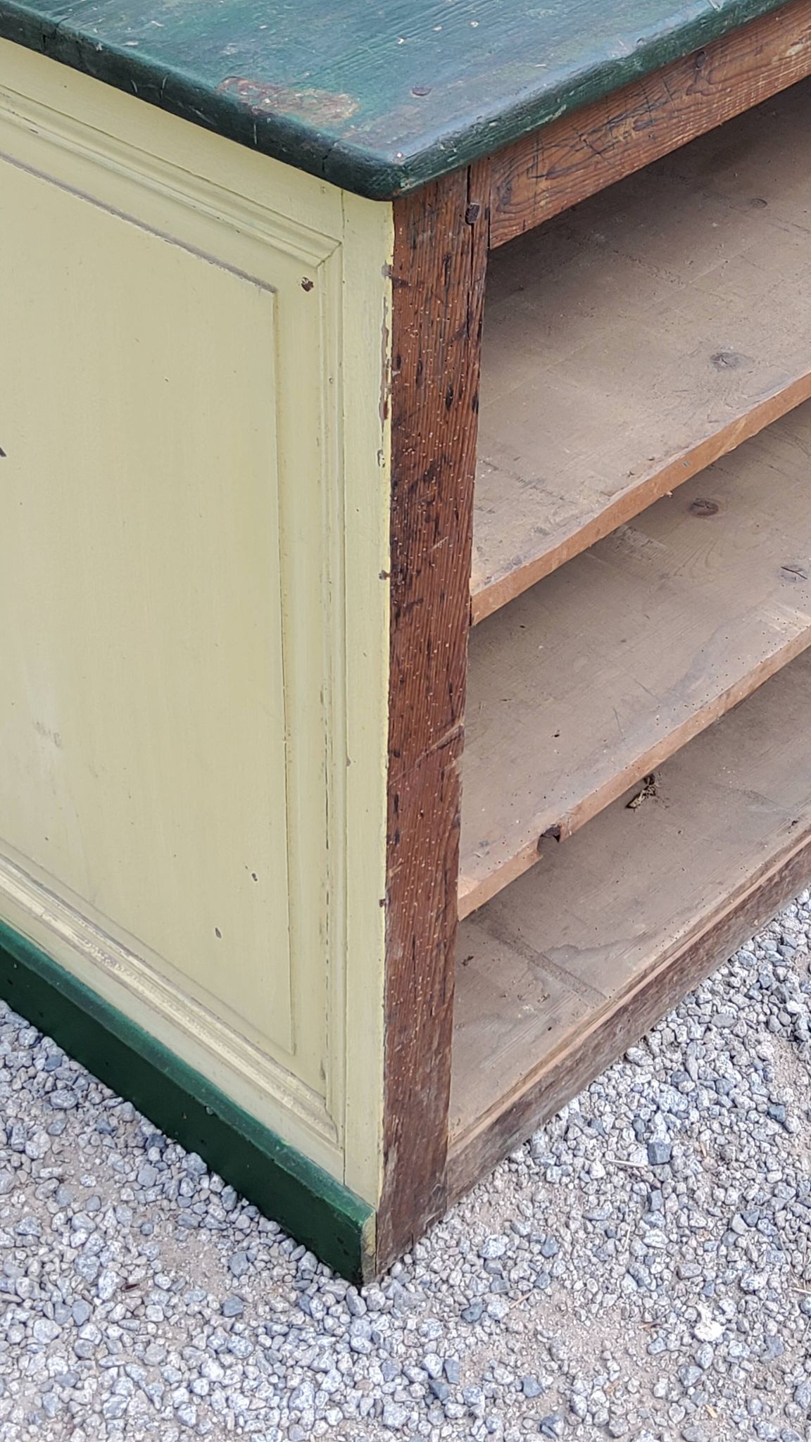 Late 19th century grocery counter in green and yellow patina painted wood