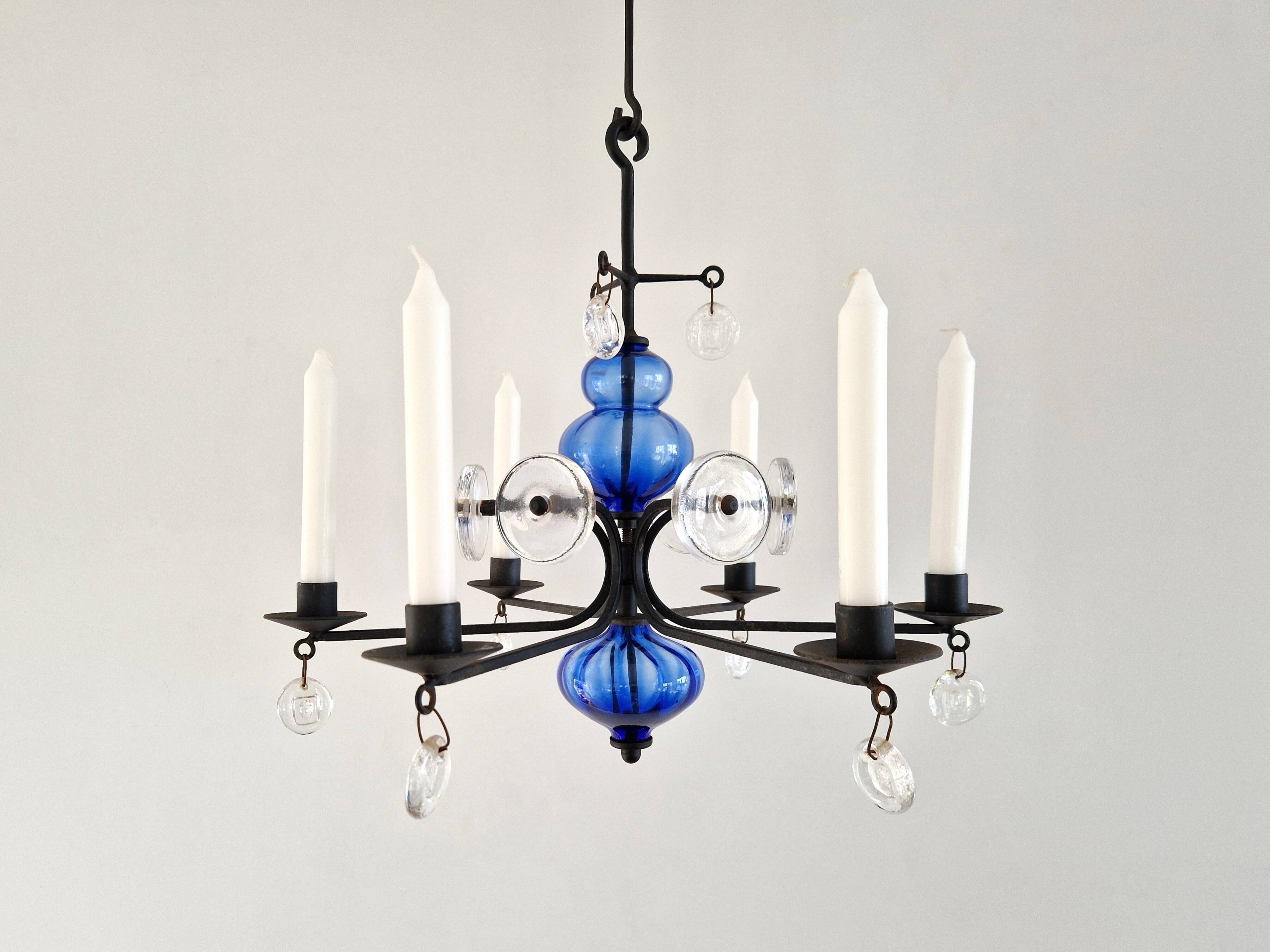 Art glass and wrought iron candelabra chandelier by Erik Höglund for Boda, Sweden 1960's