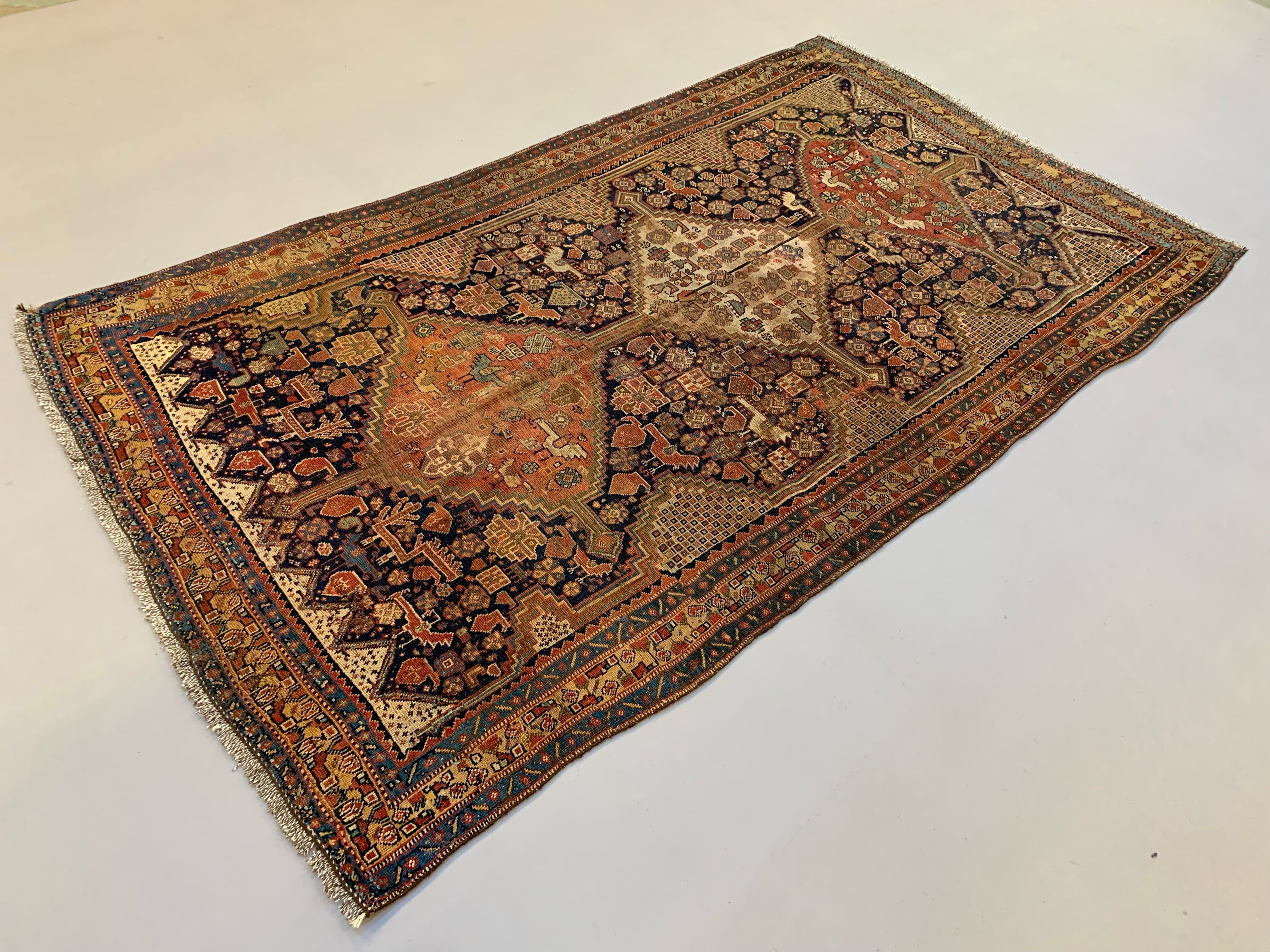 Antique tribal qashqai rug 275x157 cm, medium, oriental carpet truly shabby chic