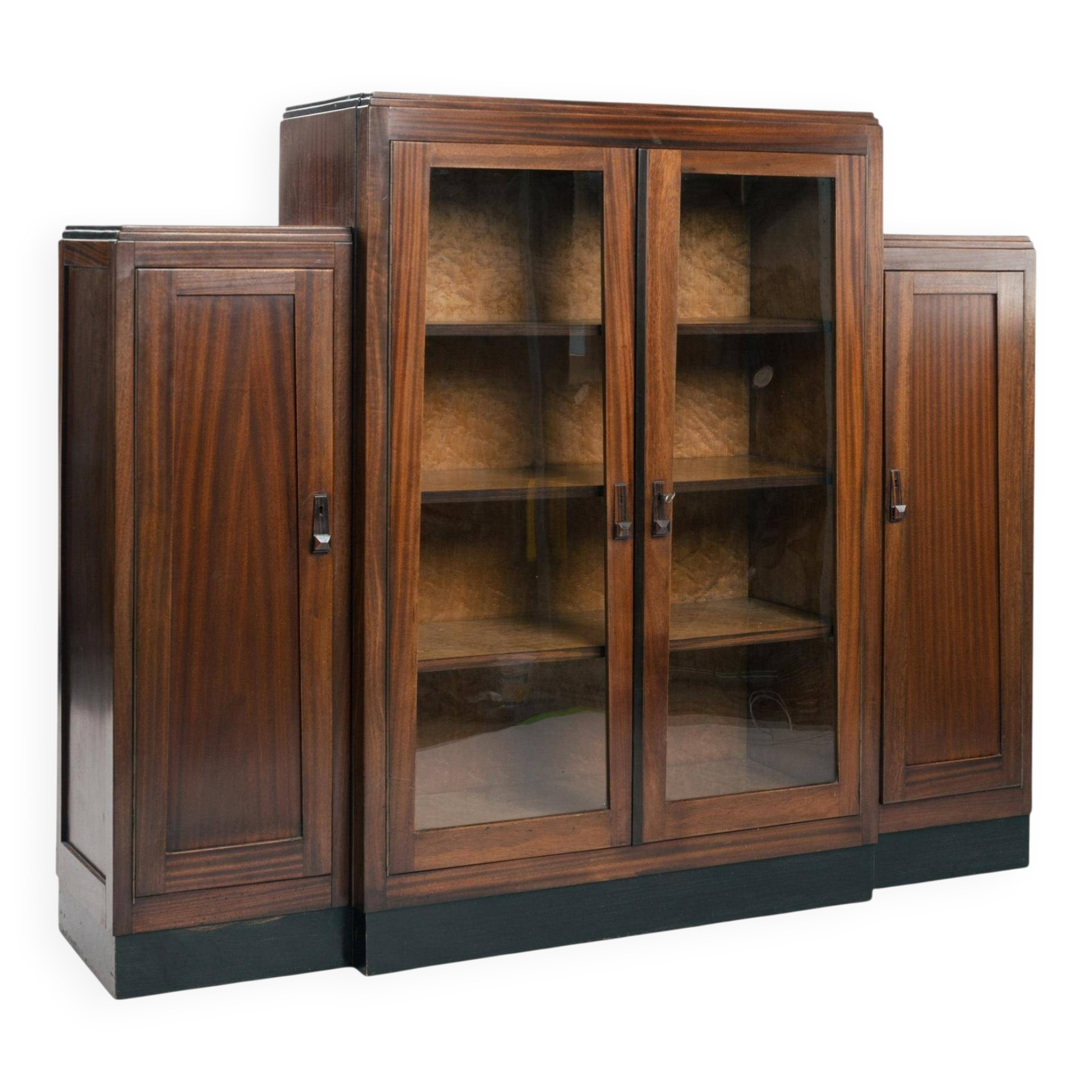 Cabinet Art Déco en noyer et érable œil de perdrix de l'école d'Amsterdam avec portes en verre, années 1930