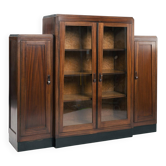 Art Deco walnut birdseye maple Amsterdam school cabinet with glass doors, 1930s