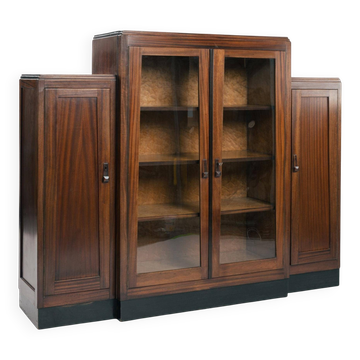 Cabinet Art Déco en noyer et érable œil de perdrix de l'école d'Amsterdam avec portes en verre, années 1930