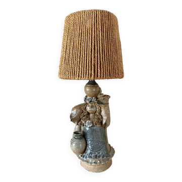 Stoneware lamp, 2 m fabric cable, cord lampshade 1960.
