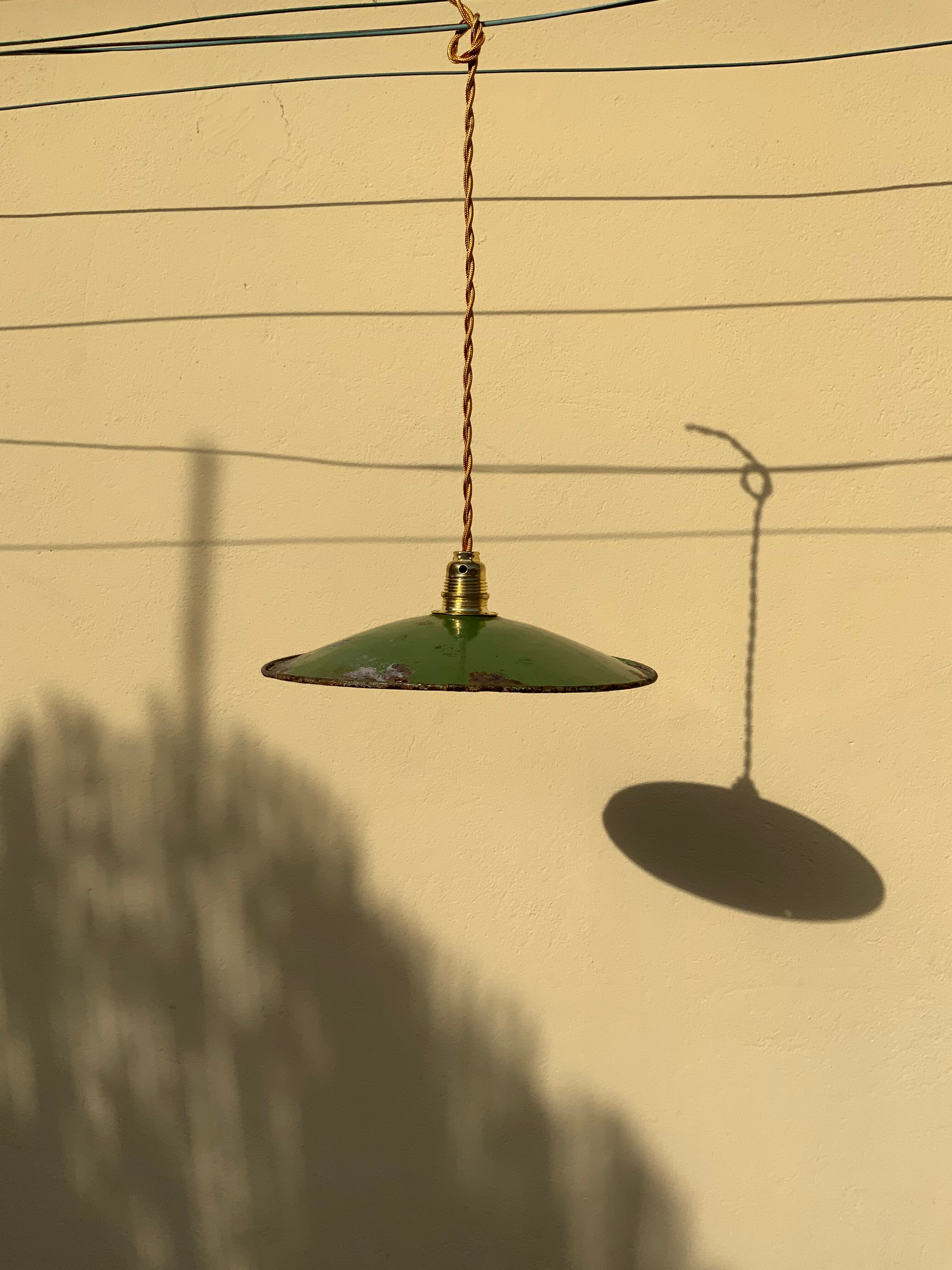 Vintage suspension green enamelled sheet white