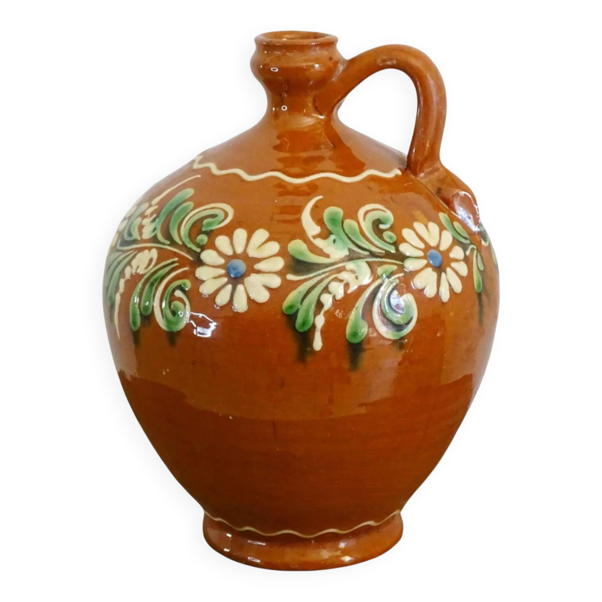 Pichet vintage en terre cuite à fleurs