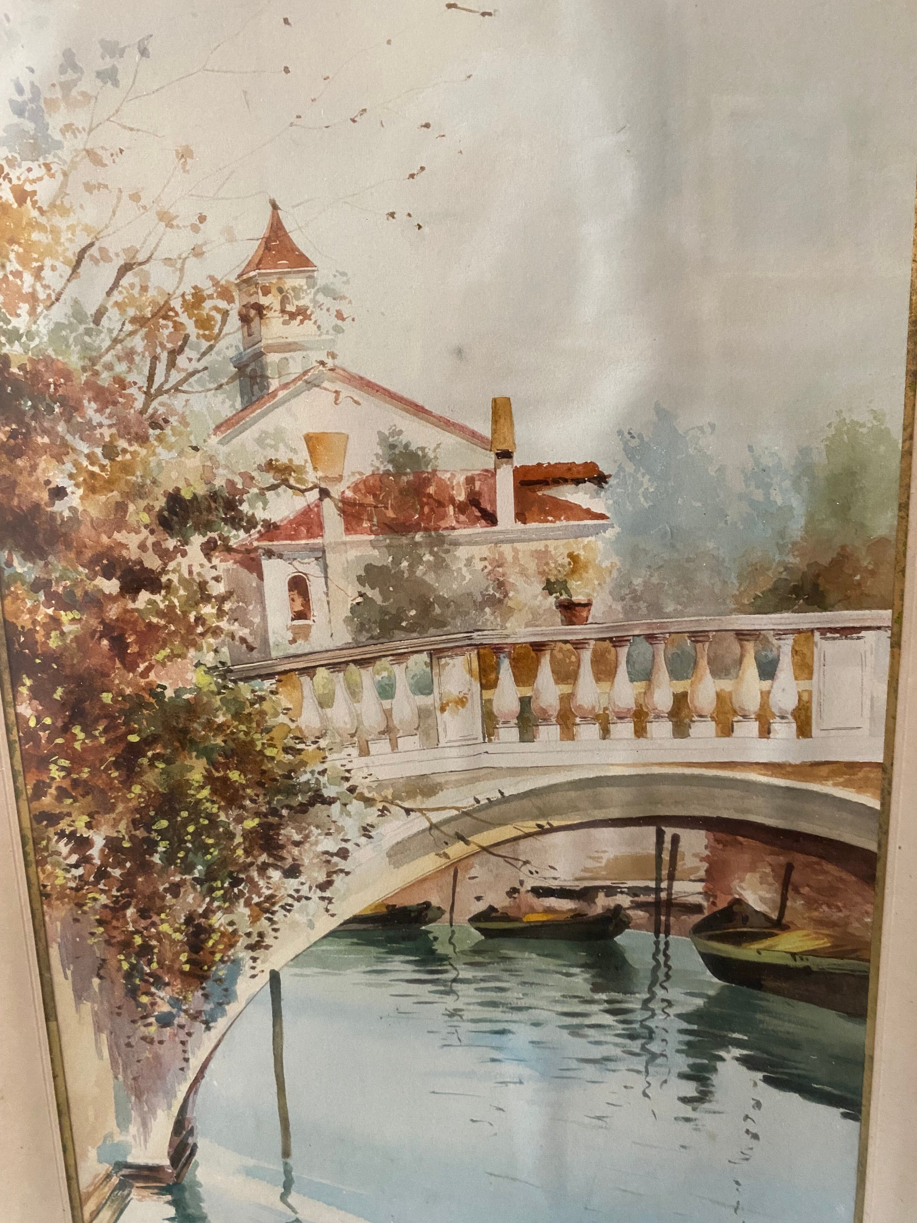 Small bridge in venice watercolor signed f. jeannin big framed early twentieth century