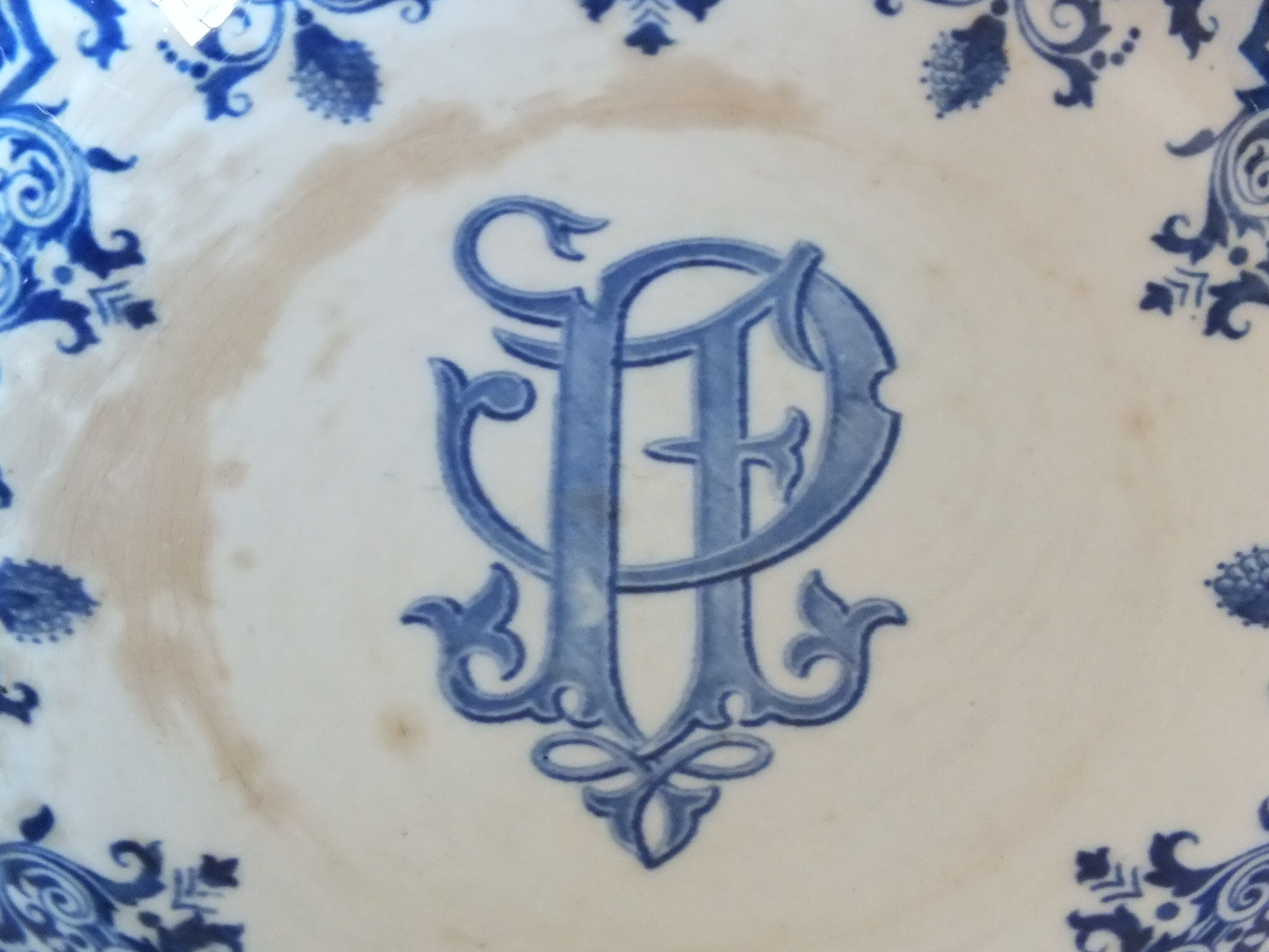 Old hollow cup on pedestal Gien decoration Rouen monogrammed