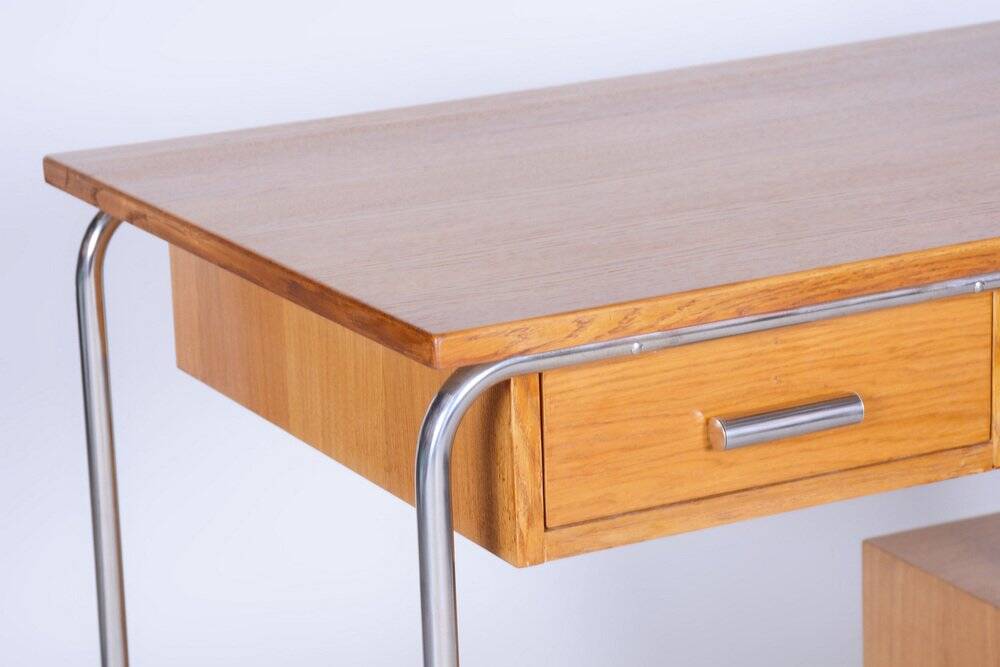 Bauhaus Writing Desk in Oak, Chrome-Plated Steel, Germany, 1930s