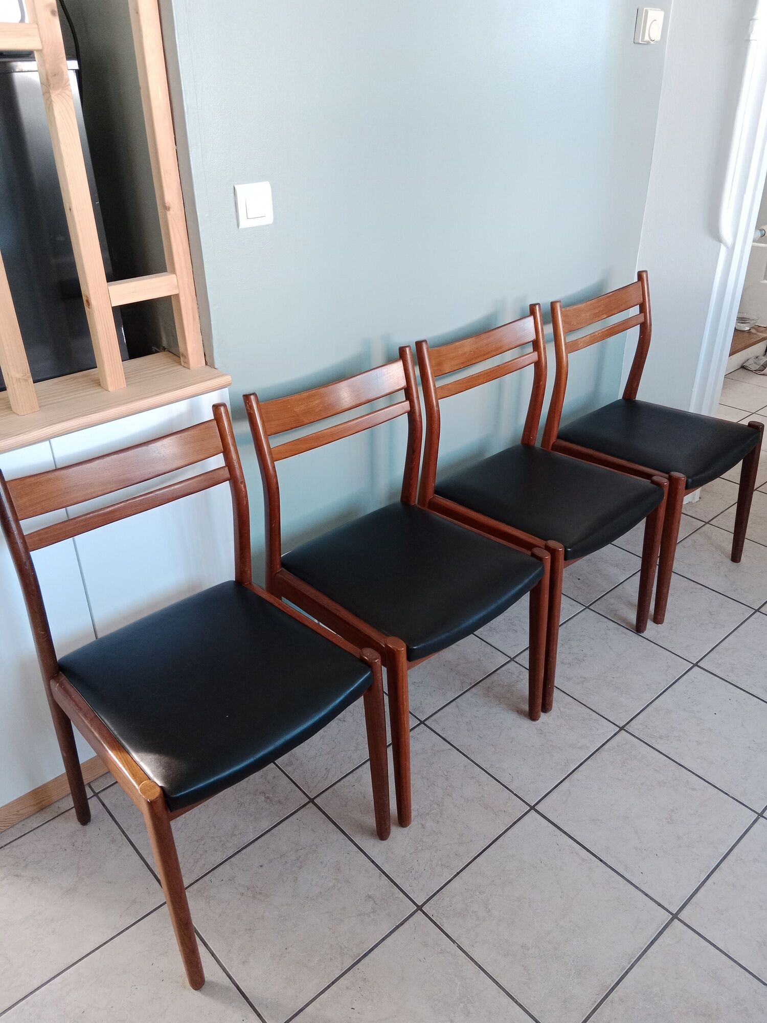 Set or suite of 4 chairs vintage Scandinavian armchairs industrial black solid wood dining room
