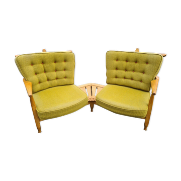 Vintage oak fan bench by Guillerme and Chambron