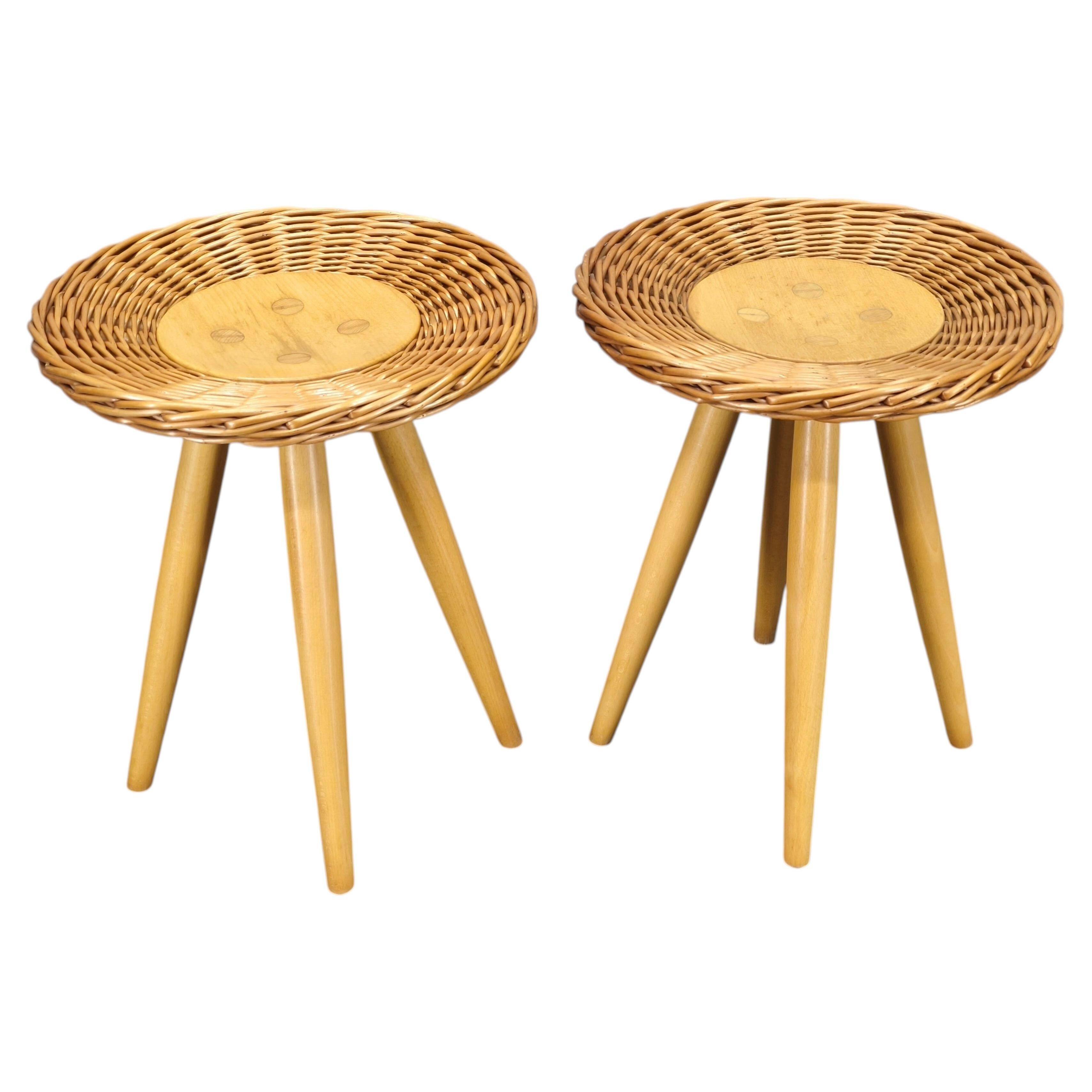 Pair of uluv rattan side tables by jan kalous, 1970s