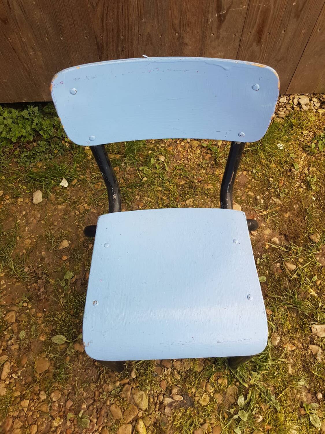 Mullca style children's chair black metal tube + vintage wood seat & back #a663